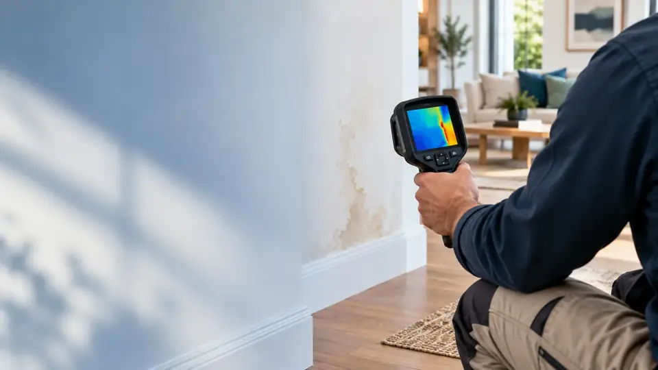 Technician using a thermal camera to inspect a wall for possible moisture